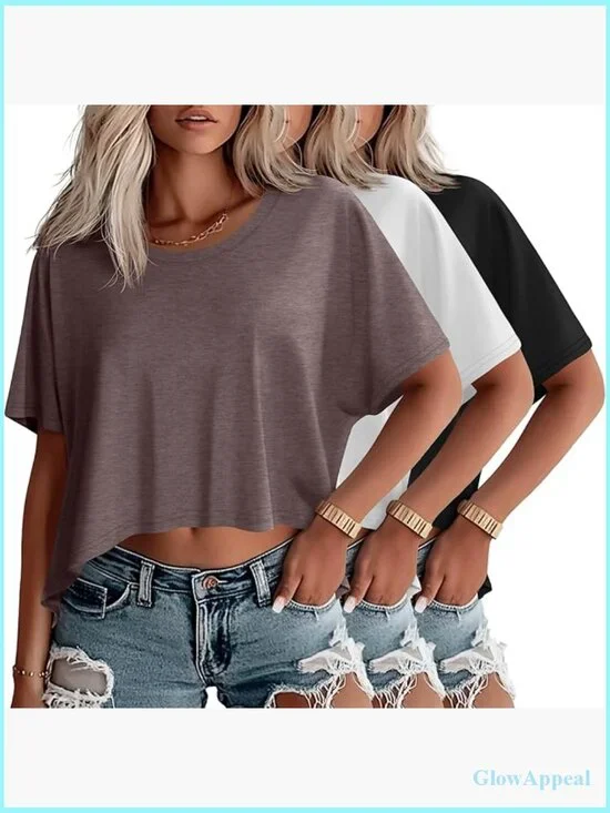 Oversized Cropped T-Shirt 3 Pack, Polyester Rayon Spandex, Workout Casual - Picture 1 of 7